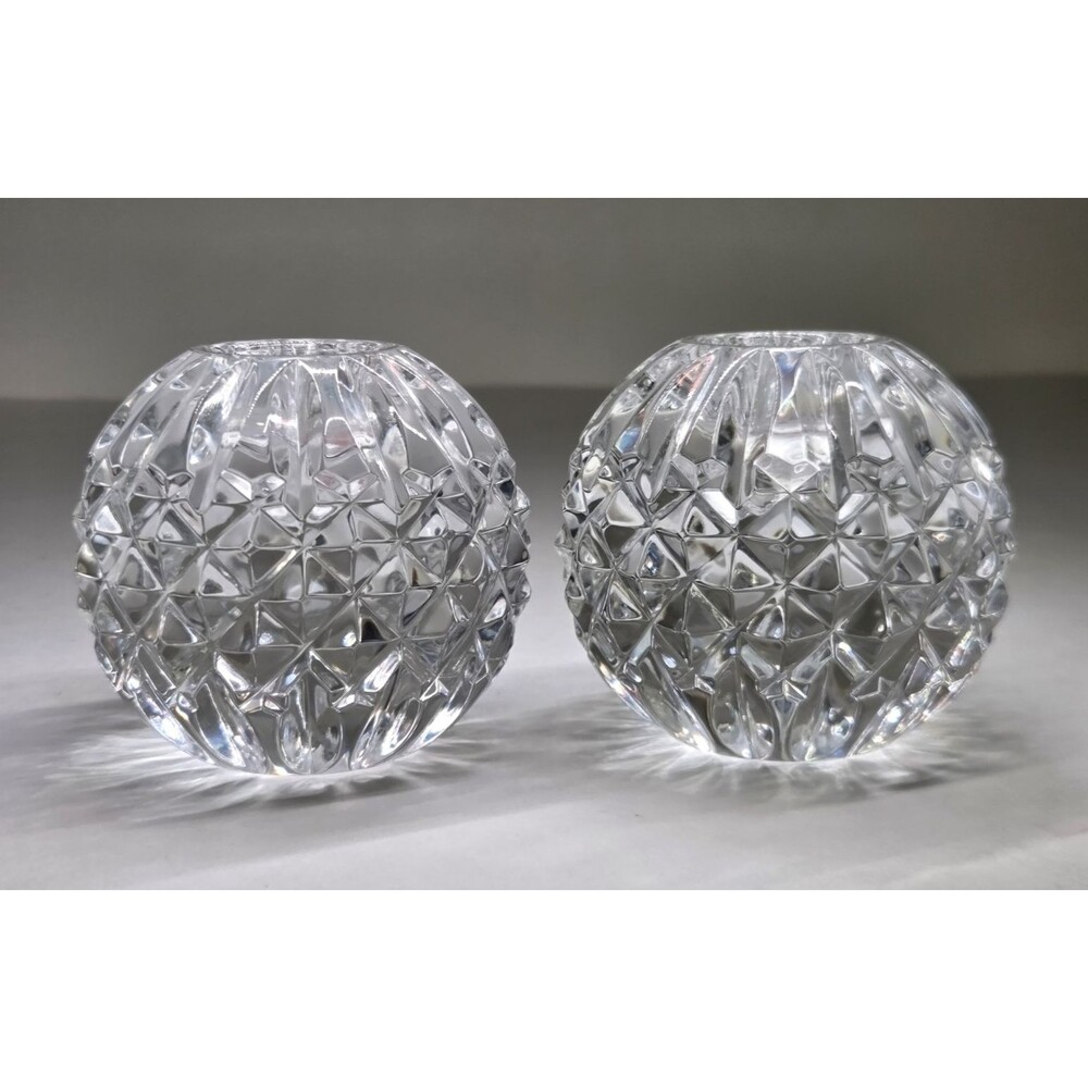 Pair Waterford Crystal Lismore 3" Round Ball Tapered Candle Holders Candlestick